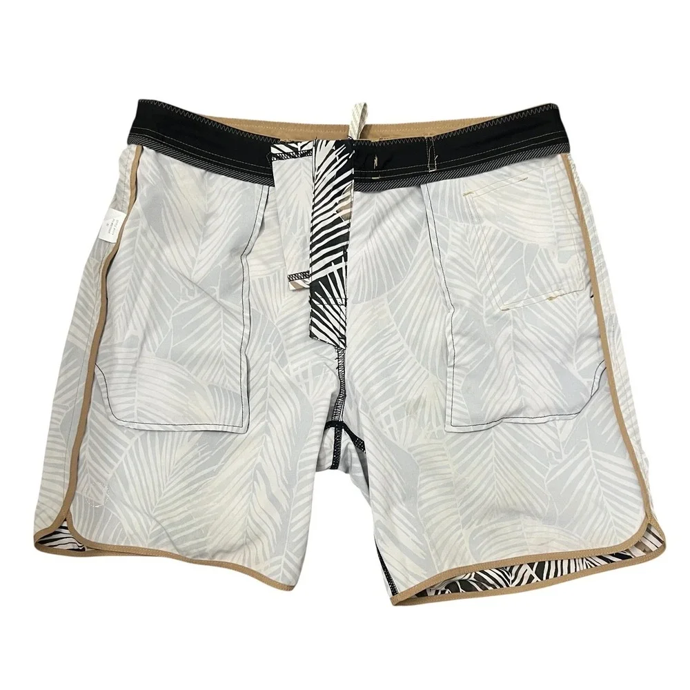 Vuori Cruise Board Shorts Palm Leaf Print Tan Trim Drawstring Pockets Men's S 32